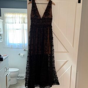 Bronx and Banco Black Lace Maxi Dress with Nude Slip